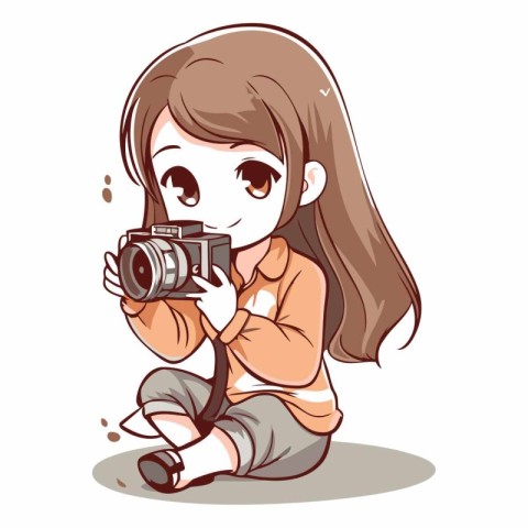 Illustration of a Cute Girl Holding a Camera and Looking at It