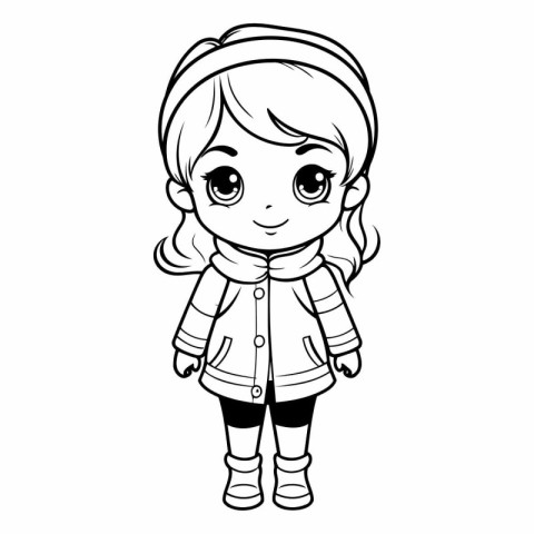 Cute little girl in winter clothes for coloring book.