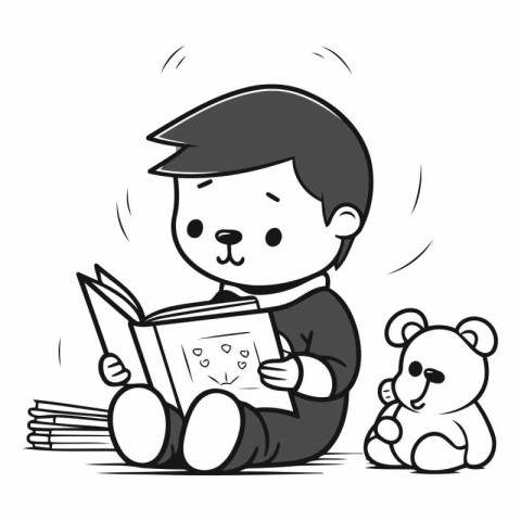 Boy reading a book with teddy bear - Black and White Cartoon Ill