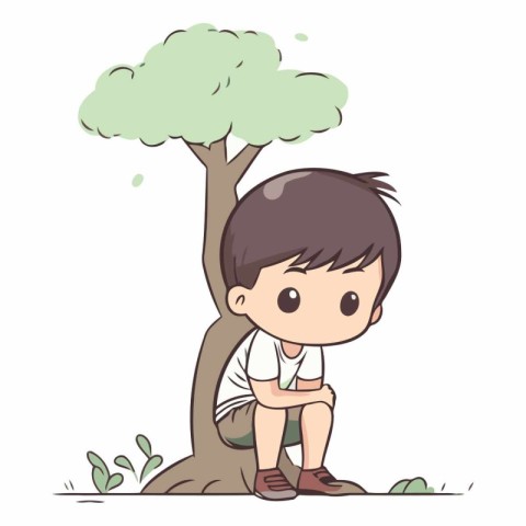 Boy sitting on the tree and looking at the tree vector illustrat