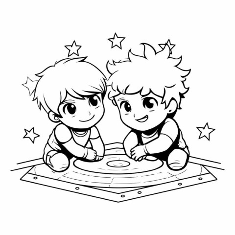 Boy and girl playing in the sandbox. black and white vector illu