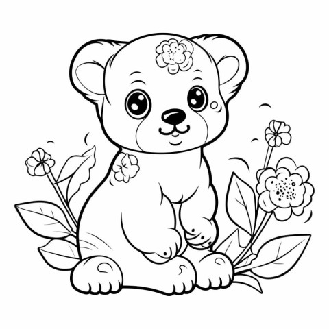 Coloring book for children: teddy bear with flowers and leaves