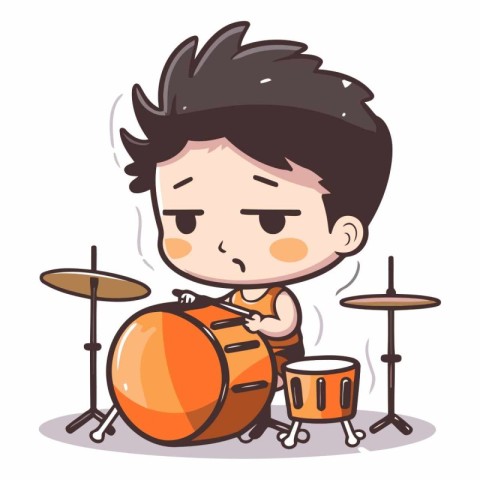 Boy playing drums - Cute cartoon boy playing drum set vector ill