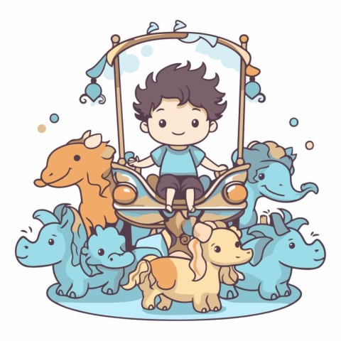 Cute boy riding a carousel with toys.