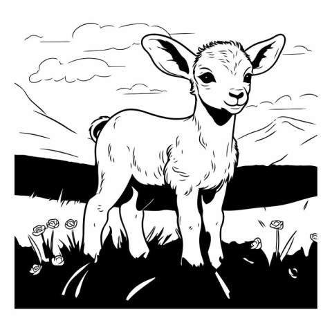 Black and white vector illustration of a baby goat in the field.