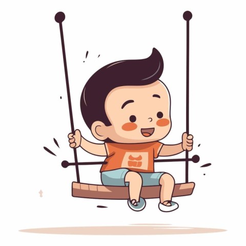 Cute little boy swinging on a swing. Vector cartoon illustration