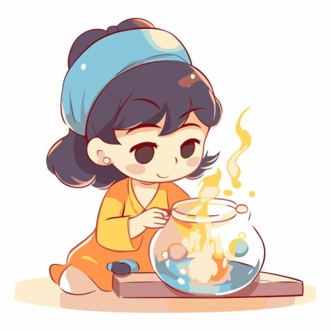 Little girl playing with fire in a round glass bowl.