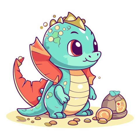 Cute cartoon dragon with a gold crown and coins.