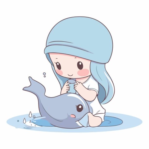 Illustration of a cute baby girl playing with a dolphin in the w