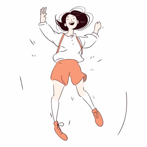 Vector illustration of a happy girl jumping and raising her hand