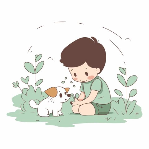 Cute boy playing with dog in the garden.