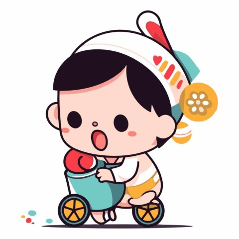 Cute Baby Boy Carrying Toy Carriage Vector Illustration.