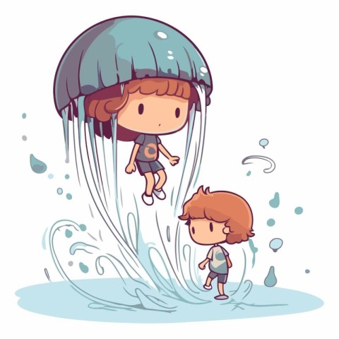 Little boy and girl swimming in the sea with water drops illustr