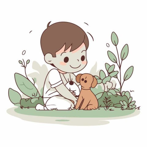 Boy playing with his dog in the garden. Cute vector illustration