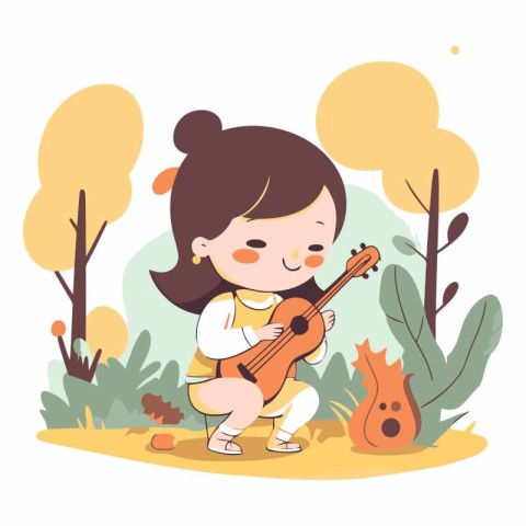 Cute little girl playing guitar in the park.