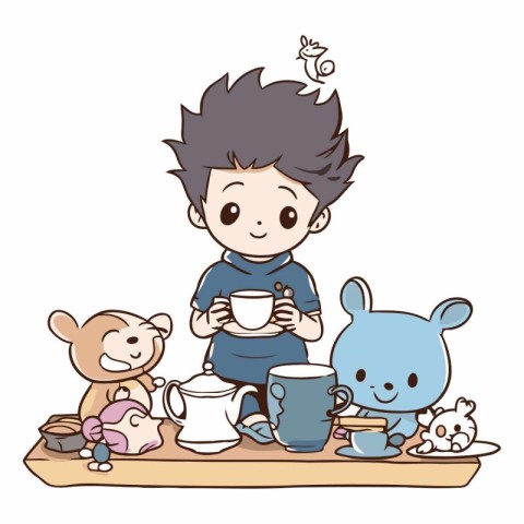 Cute little boy drinking tea with his friends.