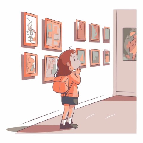 Cute little girl looking at paintings in museum.