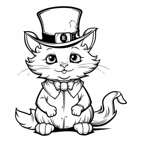 Cute cartoon cat in top hat and bow tie.