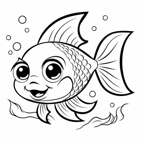 Black and White Cartoon Illustration of Cute Fish Animal Charact