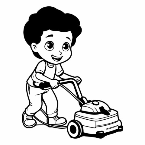 Boy with a lawn mower. Black and white vector illustration.