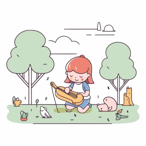 Little girl playing the guitar in the park. Cute cartoon vector