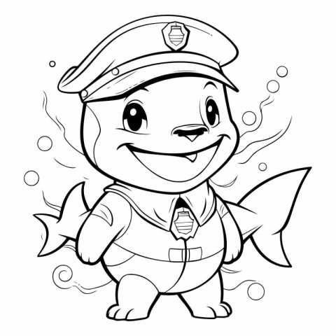 Black and White Cartoon Illustration of Cute Little Fish Captain