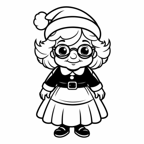 Funny cartoon girl in Santa Claus hat. Black and white vector il