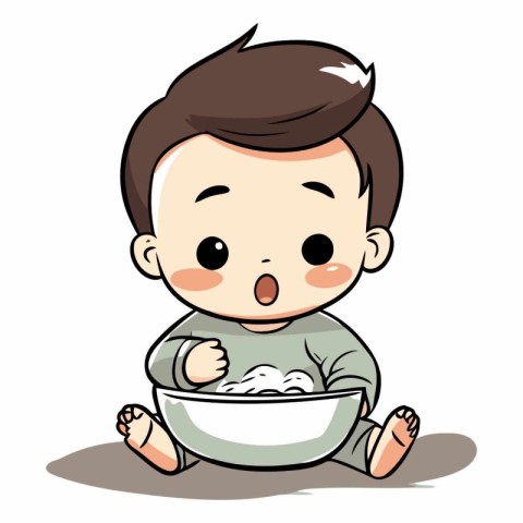 Cute little baby boy playing with a bowl of food.