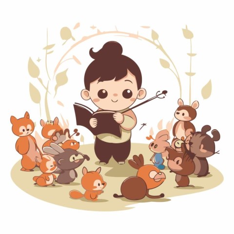 Cute boy reading a book with animals around him.