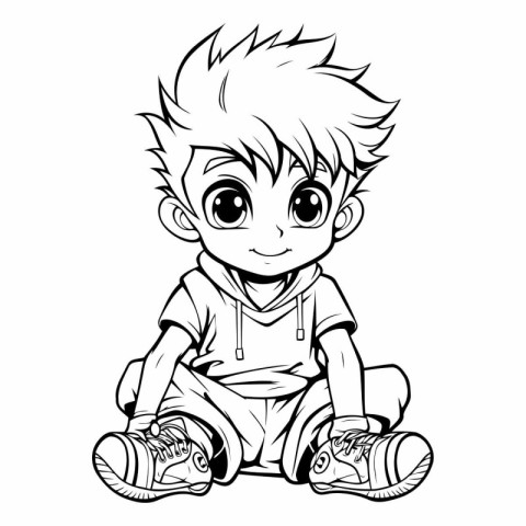 Cute little boy sitting on the floor in cartoon style.