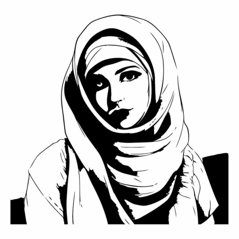 Arabic woman in a headscarf. Black and white vector illustration