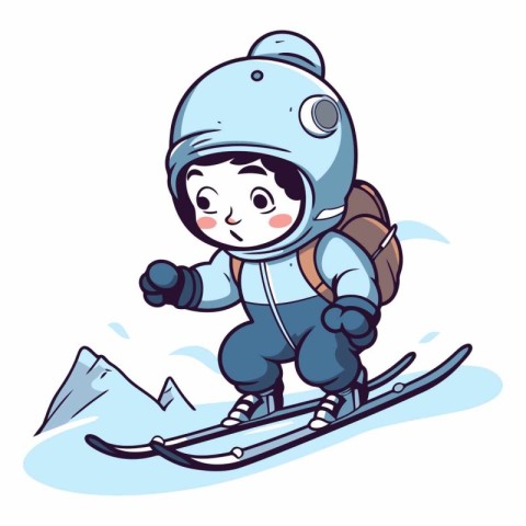 Cute little boy skiing in the mountains. Cartoon vector illustra