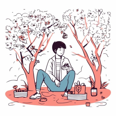 Vector illustration of a young man sitting in the park and readi