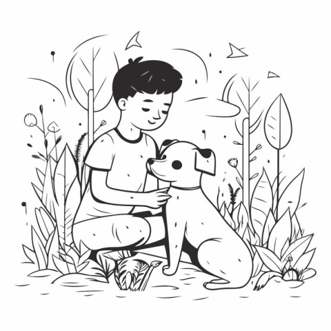 Boy playing with dog in the park. Black and white vector illustr