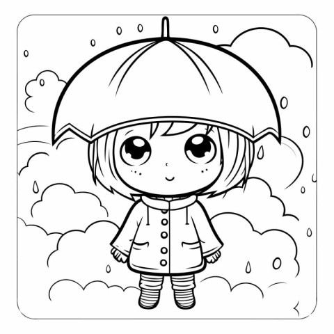 Coloring book for children: little girl in raincoat with umbrell