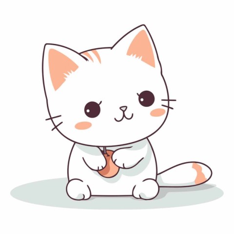 Cute cartoon white cat sitting and holding a bone.