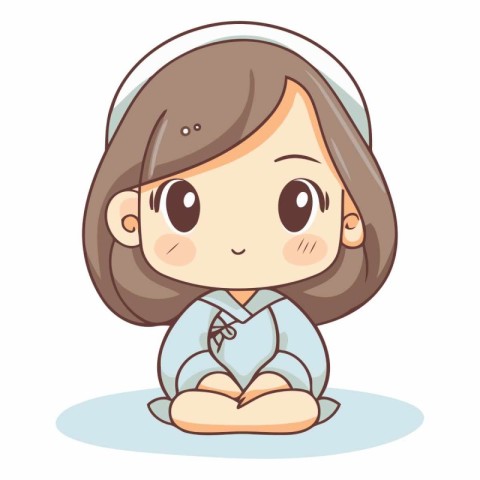 Cute cartoon muslim girl sitting in lotus position.