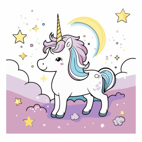 Cute unicorn on a background of clouds and stars.