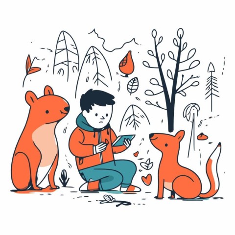 Boy playing with dog in autumn forest in doodle style