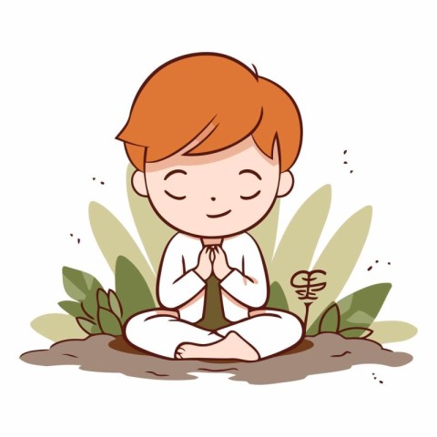 Little boy meditating in lotus pose. cartoon vector illustration