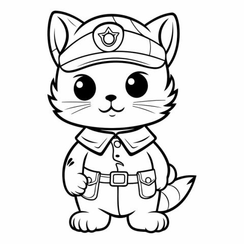 Black and White Cartoon Illustration of Cute Cat Police Animal C