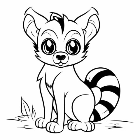 Cute Raccoon - Black and White Cartoon Illustration. Vector