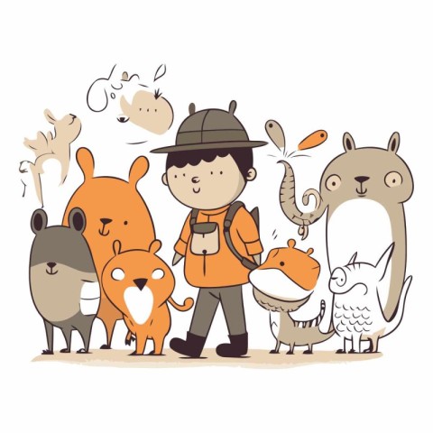 Vector illustration of a cute little boy with a group of animals