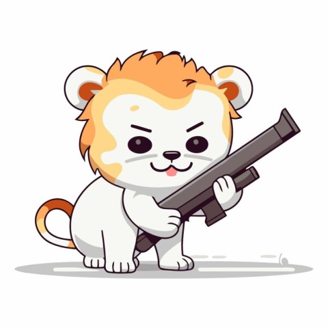 Cute lion with gun isolated on white background.