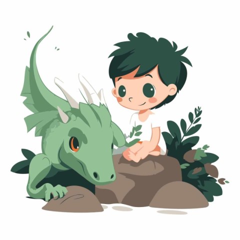 Cute little boy playing with a green dragon.