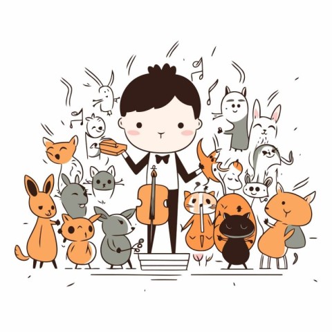 Cute little boy playing music with a group of animals.