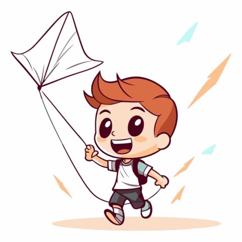 Cute little boy flying a kite. Vector cartoon illustration.