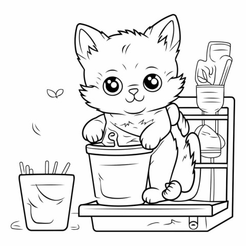 Coloring Page Outline Of a Cute Little Kitten With Bathroom Acce