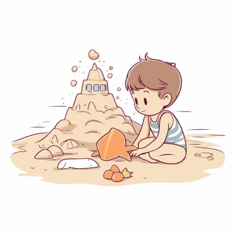 Cute boy playing sandcastle on the beach.