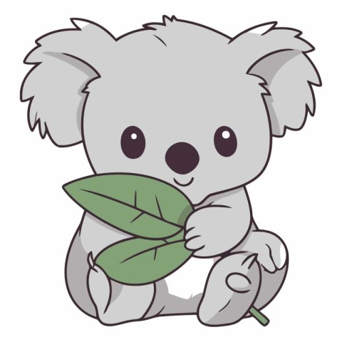 Cute koala holding a green leaf on white background.